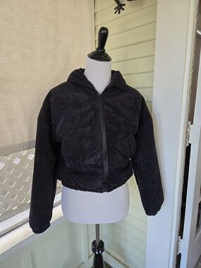 SHEIN Black Corduroy Cropped Bomber Jacket